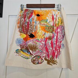TRINA Turk Tropical Print White A-Line Cotton Skirt Side Zip Size 0